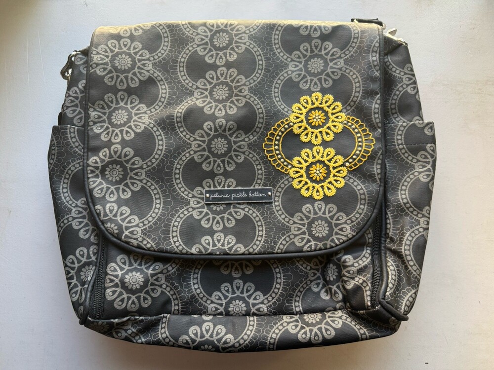 Petunia Pickle Bottom Diaper Bag Backpack Gray & Black, fold out changing, backp